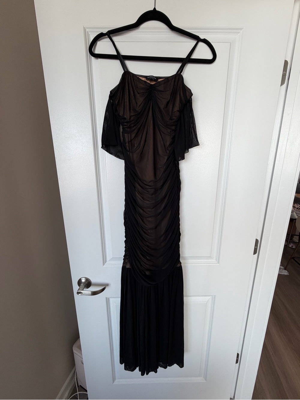 bebe Black Ruched Maxi Dress with Sheer Draped Shoulders